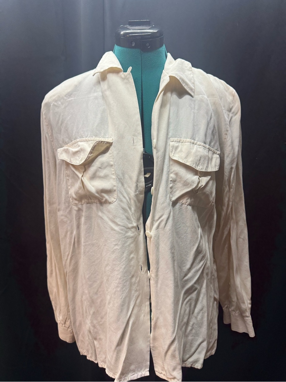 Cream Long-Sleeve Button-Up Shirt with Chest Pockets